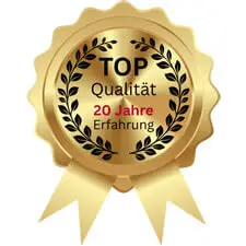 Darstellung des Glasreinigung Mönchengladbach Qualitätssiegel mit dem Schriftzug "TOP Qualität - 20 Jahre Erfahrung"