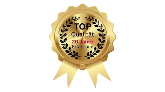 Darstellung des Glasreiniger Meerbusch Qualitätssiegel mit dem Schriftzug "TOP Qualität - 20 Jahre Erfahrung"